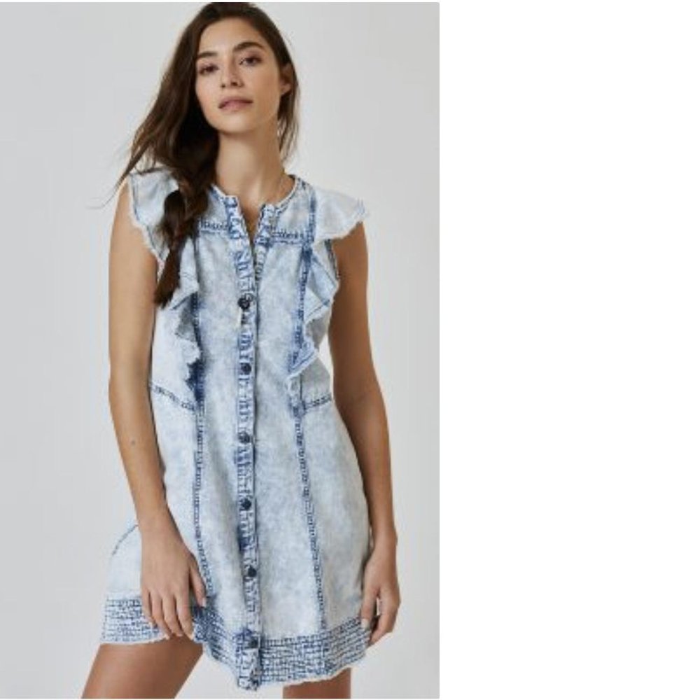 Pilcro Light Wash Denim Ruffle-Trim Mini Dress